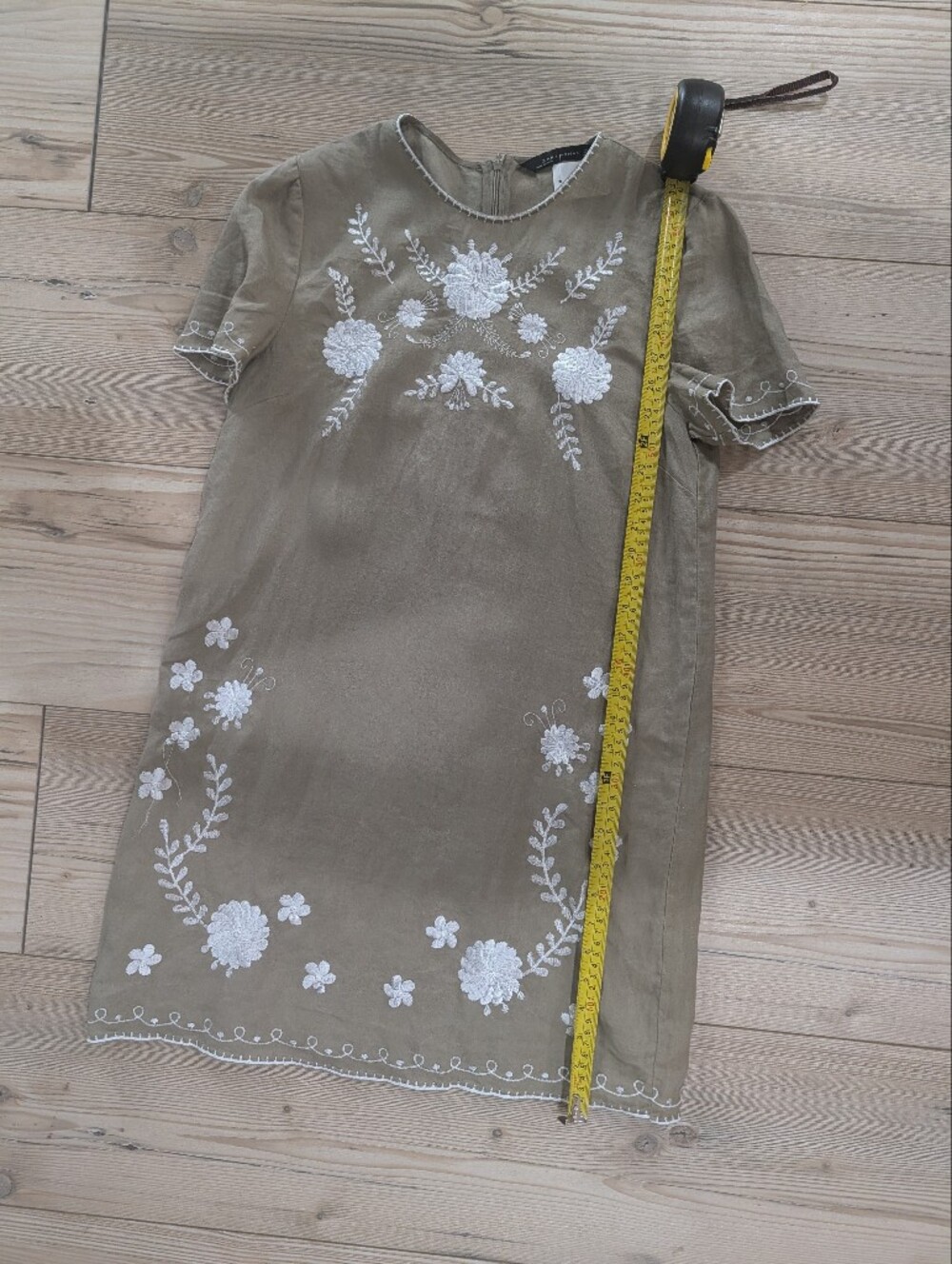 Zara Woman Small Olive Green Floral Embroidered Shift Dress Boho - Picture 7 of 8